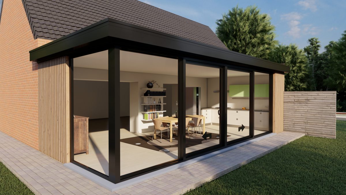 Moderner Glasanbau in Mülheim mit schwarzem Rahmen an einem Backsteinhaus, Blick in einen hellen Wohn- und Essbereich.